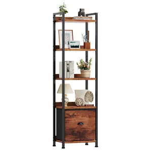 Sweetcrispy Slim Aesthetic Corner Bookshelf, Tall Narrow Wood-Metal Storage Organizer with Removable Fabric Drawer, Space-Saving Apartment Accessories for Bedroom, Living Room Aesthetic Room Decor