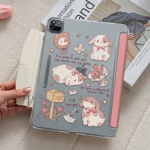 iPad Transparent Protective Case, Cute Bunny Design, Strong Magnet Feature, Compatible with iPad Air 13, 4-7, 10th/11th Gen, Pro 11