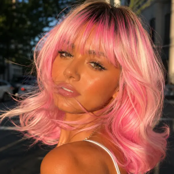SMILCO 14Inch Highlight Pink With Platinum Short Bob With Bang Synthetic Wig SM501 Stylish Bob Cut With Bangs Vibrant Pink And Sleek Platinum Tones Machine Made Wig Stylist Friendly Wig #Summervibes