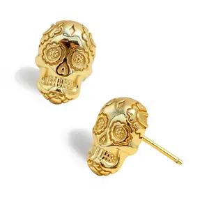 SONIA HOU Day of the Dead Skull Stud Earrings - 18K Gold Over Sterling Silver | S925 Dia De Los Muertos Chic Fashionable Exquisite Fashion Design