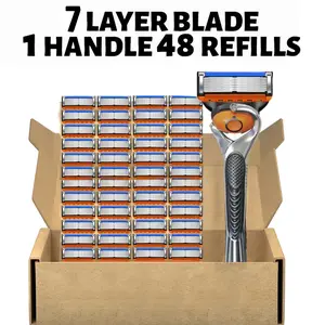 Men's Quality-Upgrade 7-Blade Razor Large Pack Set - Reinforced Metal Non-Slip Handle, Reed Extract Lubricating Strip for Smooth Shave, Includes 12/24/48 Replacement Blades, Suitable for Face & Body