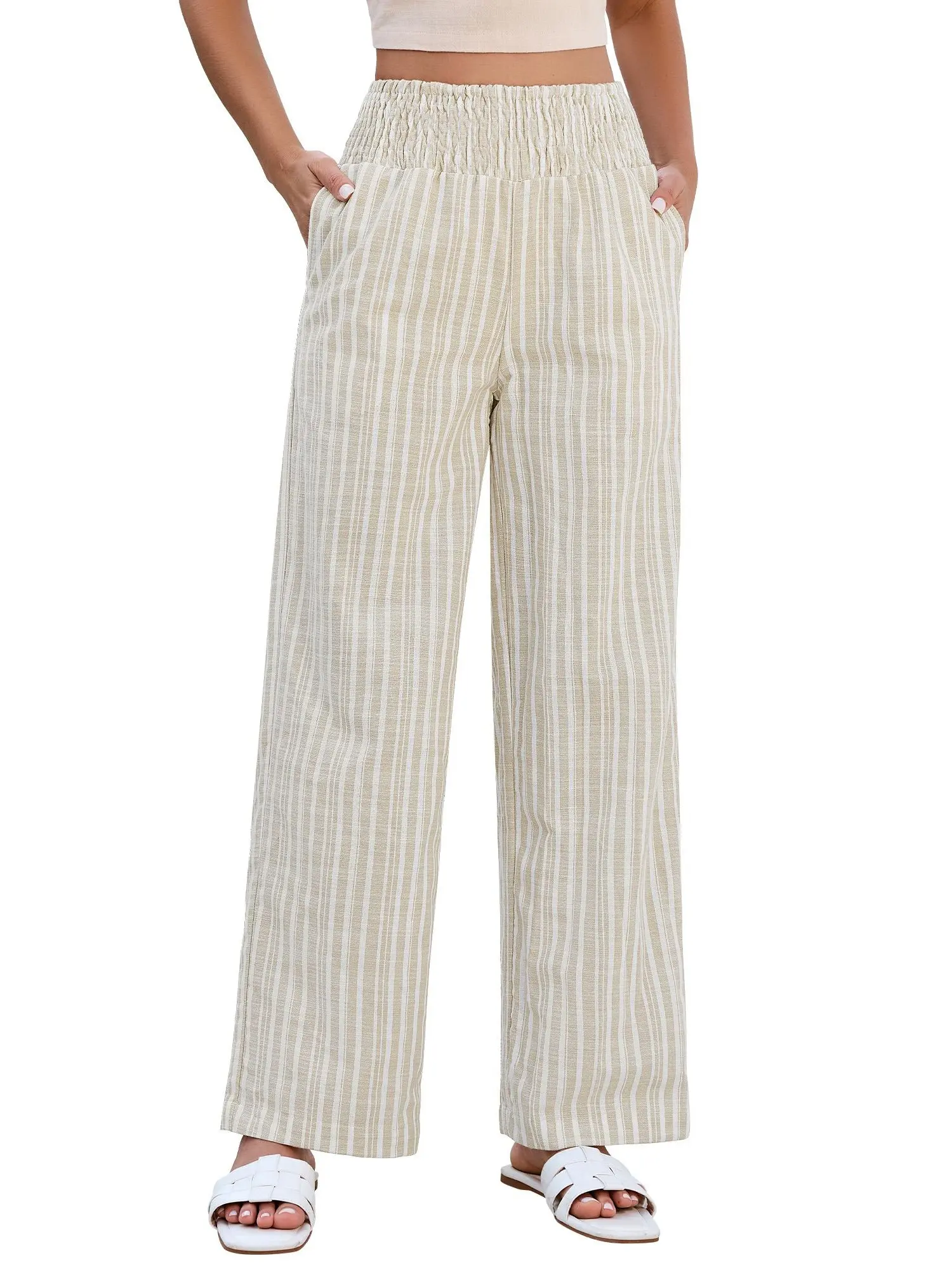 【NEW】GRAPENT Women's Linen Wide-Leg Pants, High Rise Elastic Smock Waist Striped Pull-On Loose Bottoms for Summer Beach Vacation, Baggy, Linen Blend, Mid Waist, Linens Blend backtoschool