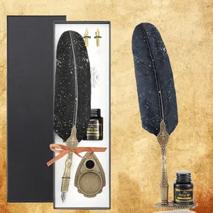 Vintage Feather Pen and Ink Set, Classic Goose Quill Pen with Carving Stand, Calligraphy Nibs & Black Dip Ink, Perfect Graduation Gift for Students Writers Artists