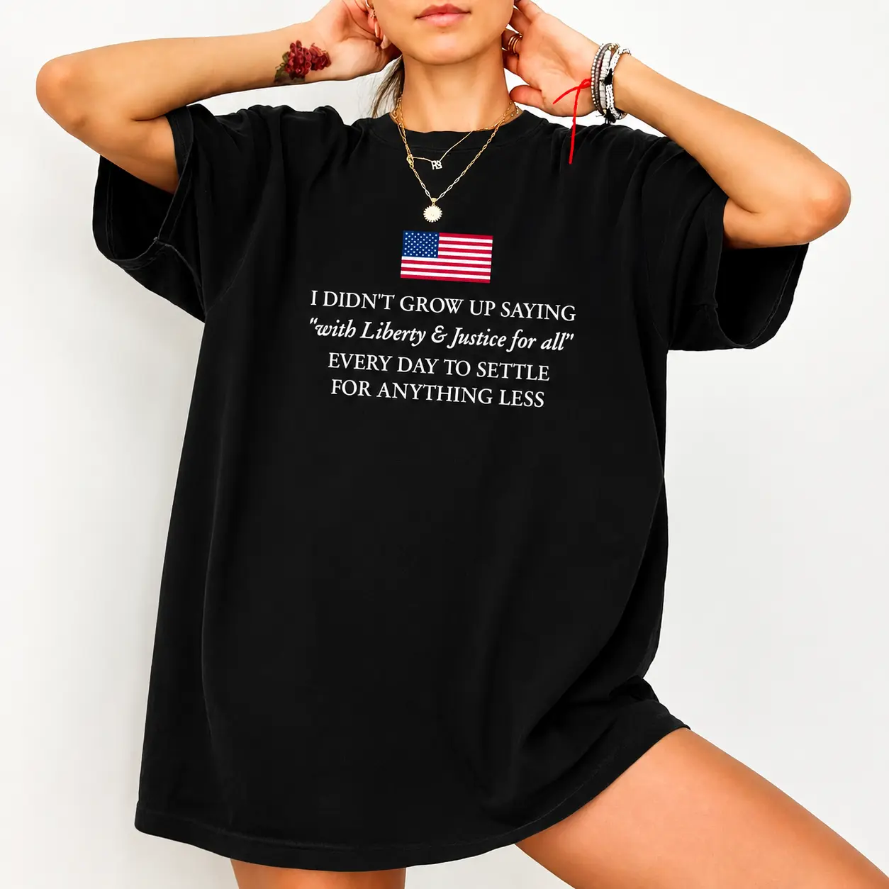 Women's Chic Cotton Oversized Round Neck Printed Top - Patriotic "Liberty And Justice For All" Statement Tee, Sarcastic "Don’t Settle For Less" Graphic Everyday T-shirt, Tops, Unisex