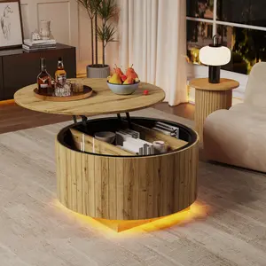 Lift Top Coffee Table with LED Lights, Mid Century Modern Wooden Coffee Tables with 3 Storage Space, Circle Center Table for Living Rooms,Dining Room,Bedroom Home Office,APP LED Lights