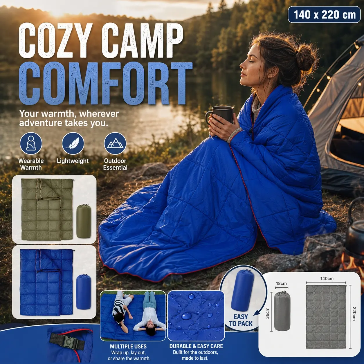Double Camping Blanket Lightweight Outdoor Travel Quilt Waterproof Polyester Warm Hammock Top Quilt with Pillow Storage Bag, Large Portable Picnic Beach Blanket for Adults Couples Hiking Trekking Backpacking Camping Park Travel Gear
