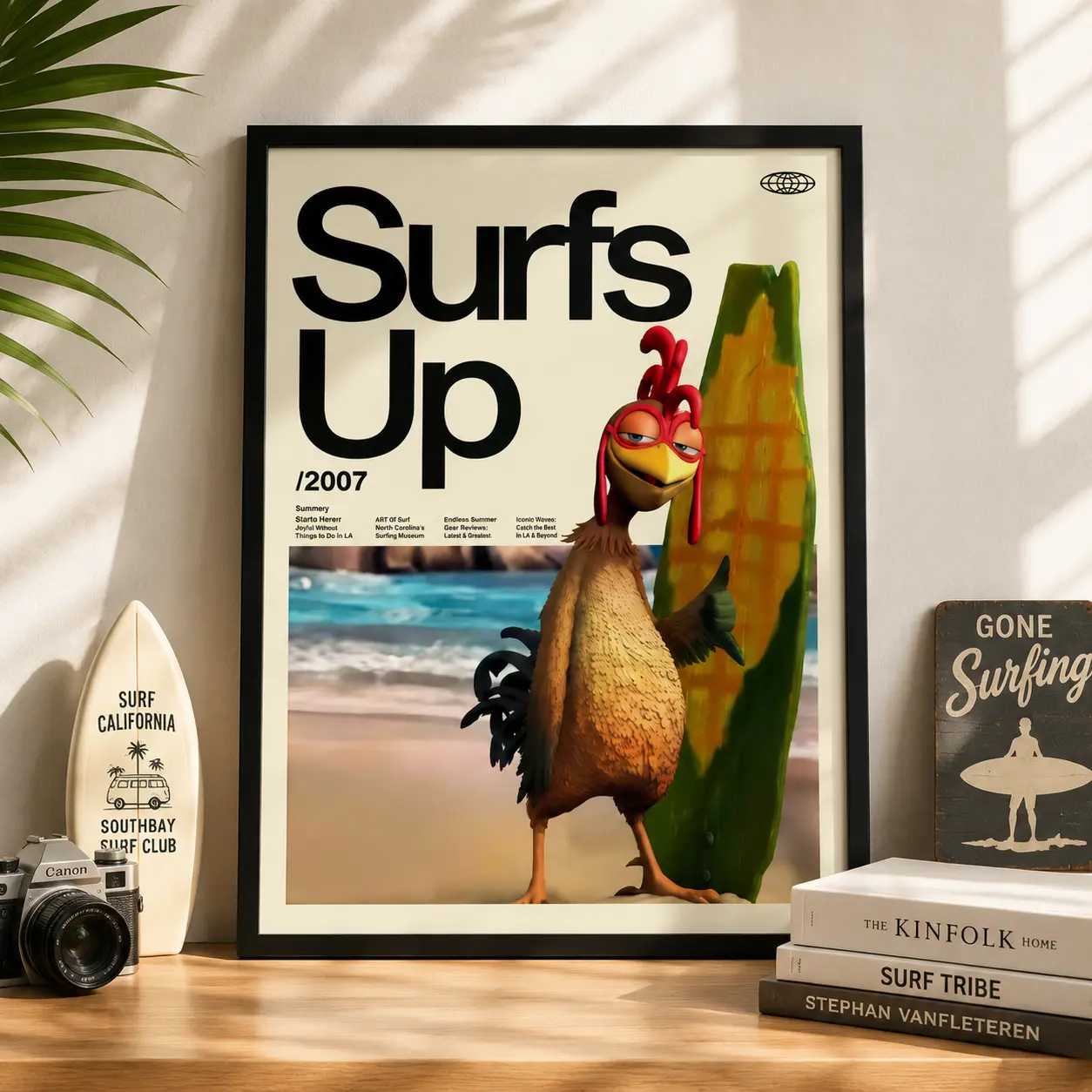 Funny Surfing Chicken Wall Art Poster, Cartoon Animal Print, Beach Theme Room Decor, Kids & Teen Bedroom Art