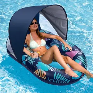 Inflatable Pool Float with Adjustable Canopy, UPF 50+ Sun Protection, Cool Mesh Seat, Tropical Print