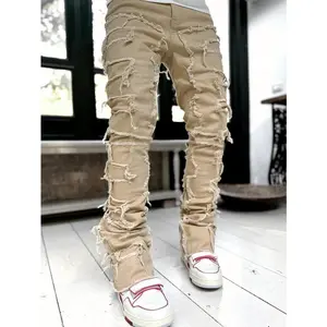 Streetwear Men Hiphop Stacked Spliced Slim Biker Jeans Pants Stylish Vintage Khaki Male Straight Denim Trousers Menswear Pockets