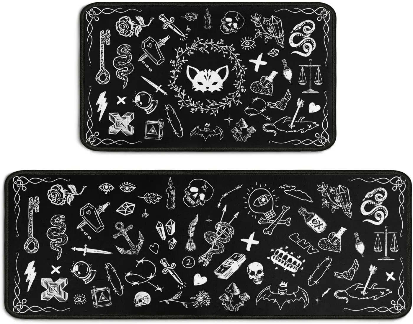 Gothic Style Rug 2-Piece Set (16" x 24" + 18" x 48"), Kitchen Mats, Non-Slip, Washable, Black