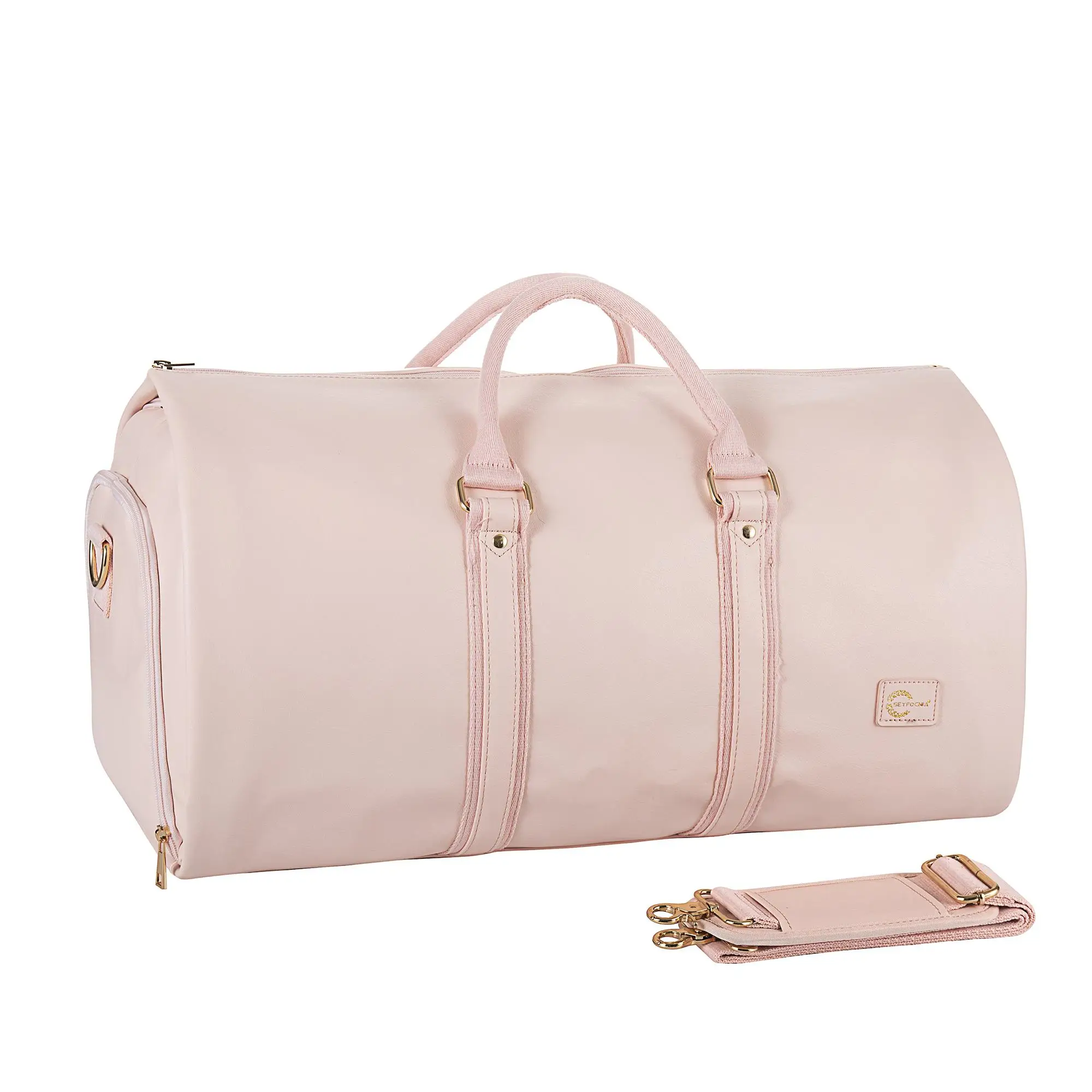 SEYFOCNIA Convertible Carry-On Garment Bag in Blush Pink PU Leather with Large Capacity & Shoe Pouch for Travel Duffle Bag Luggage