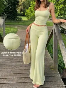 Green Two Piece Set Women Crop Tank Top High Waisted Wide Leg Pants Matching Outfit Womenswear Summer Casual Elegant Slim Fit Stretchy Stretch Soft Breathable Fabric Lounge Set Vacation Beach Chic Streetwear Set