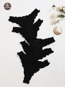 Women's Lace Trim Comfortable Bow Triangle Panties, 5 Pack, Casual Fitted Underwear, Fashion Comfy Underwear, All Seasons, Plain Pattern, Casual Comfy Panty, Intimates Panties