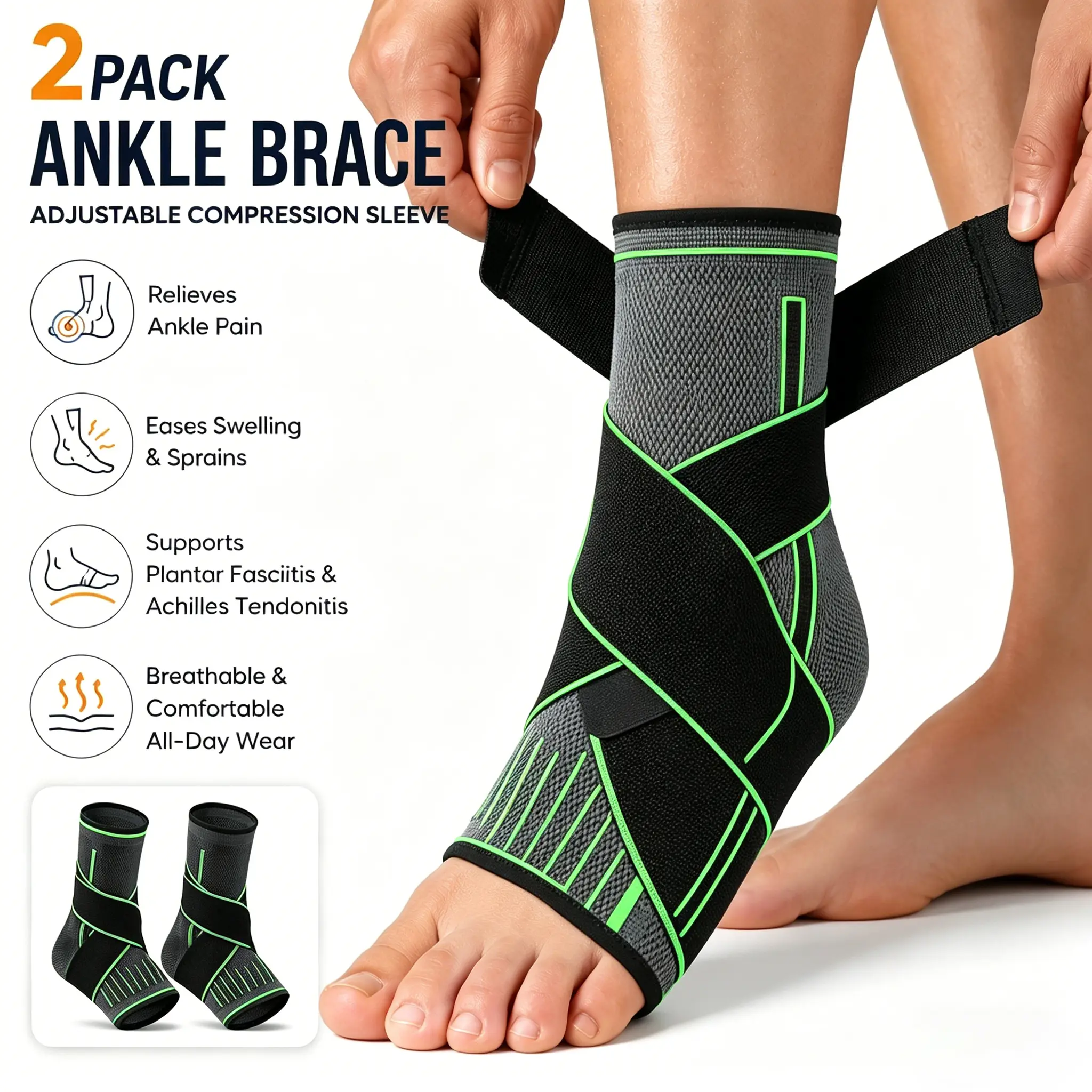 2pc Adjustable Green Compression Sleeve Pair - Healthcare Heel Support for Achilles Tendonitis, Plantar Fasciitis - Eases Swelling, Sprained Ankle Issues, Ankle Wrap, Foot