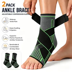 2pc Green Ankle Brace Adjustable Compression Sleeve (Pair)-Ankle Support Heel Brace for Achilles Tendonitis, Plantar Fasciitis-Eases Swelling and Sprained Ankle