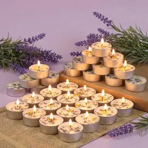 Lavender Scented Tealight Candles 16 Pack - 4-Hour Palm Wax White Tea Lights, Plant Dried Flower Scented Paraffin-Free Votive Candles for Home Yoga Bath Meditation