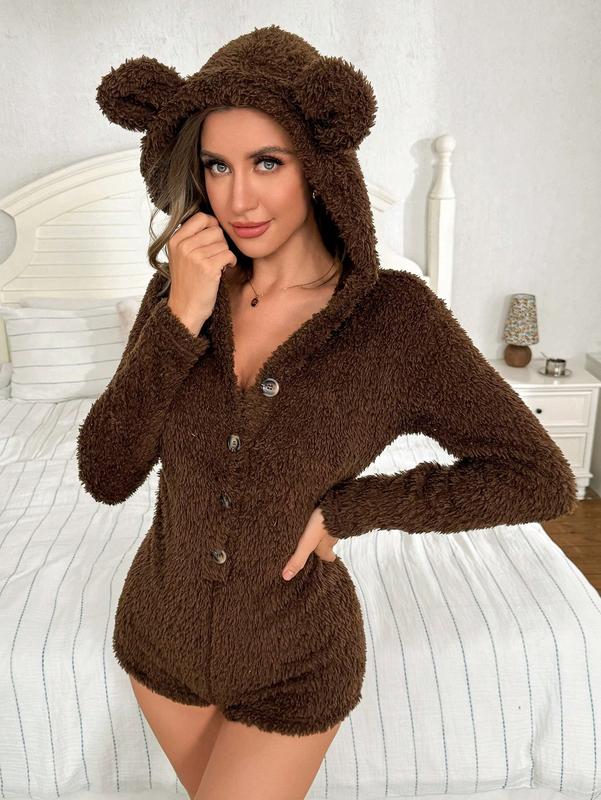 1pc Women's Thermal-Lined Jumpsuit Pajamas, Brown Teddy Bear Flannel Fuzzy With Half-Open Front, Long Sleeve Hooded Jumpsuit With 3D Ear Design, Comfortable Sexy Elegant Casual Loungewear