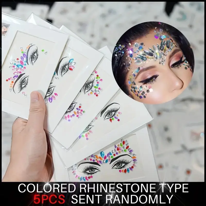 Fast Delivery 5-Piece Face Jewelry Stickers Set Women, Diverse Looks, Artistic Expression, Shiny Rhinestone Decorations, Mermaid Style Party & Festival Decoration (colors Random) Glitter Face Tattoos Fake Tattoos