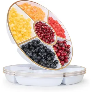 4 Pack, 6 Sectional White Plastic Serving Trays For Party With Gold Rim - Heavy Duty Serving Trays For Serving Food - 12 Inch Platters