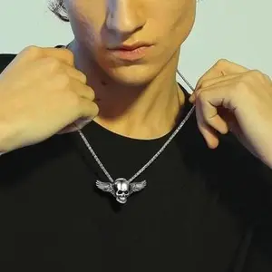 FaithHeart Wing Skull Necklace Stainless Steel Gothic Punk Statement Necklace