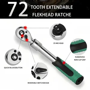 3-Piece 72-Tooth Ratchet Wrench Set, 1/4" 3/8" 1/2" Drive, Extendable Handle, Flexible Head, Quick Release Reversible Socket Wrench with Non-Slip Rubber Grip for Auto Repair & DIY Projects