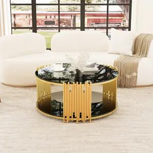 Hight-end Modern Minimalist Stainless Steel Round Coffee Table with Black Tempered Glass Top Foldable Design for Living Room High-Quality Materials Anti-Slip Pads Easy to Clean circular metal drum base modern black mirror coffee table