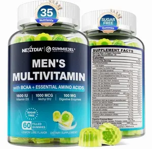 Methylated Multivitamin for Men Gummies, BCAA Amino Acids, Zinc, Daily Vitamin A C D3 E K2 B Complex, Calcium, Magnesium, Lycopene, Digestive Enzymes - Energy, Immune, Muscle- Sugar Free, Vegan, 60Cts