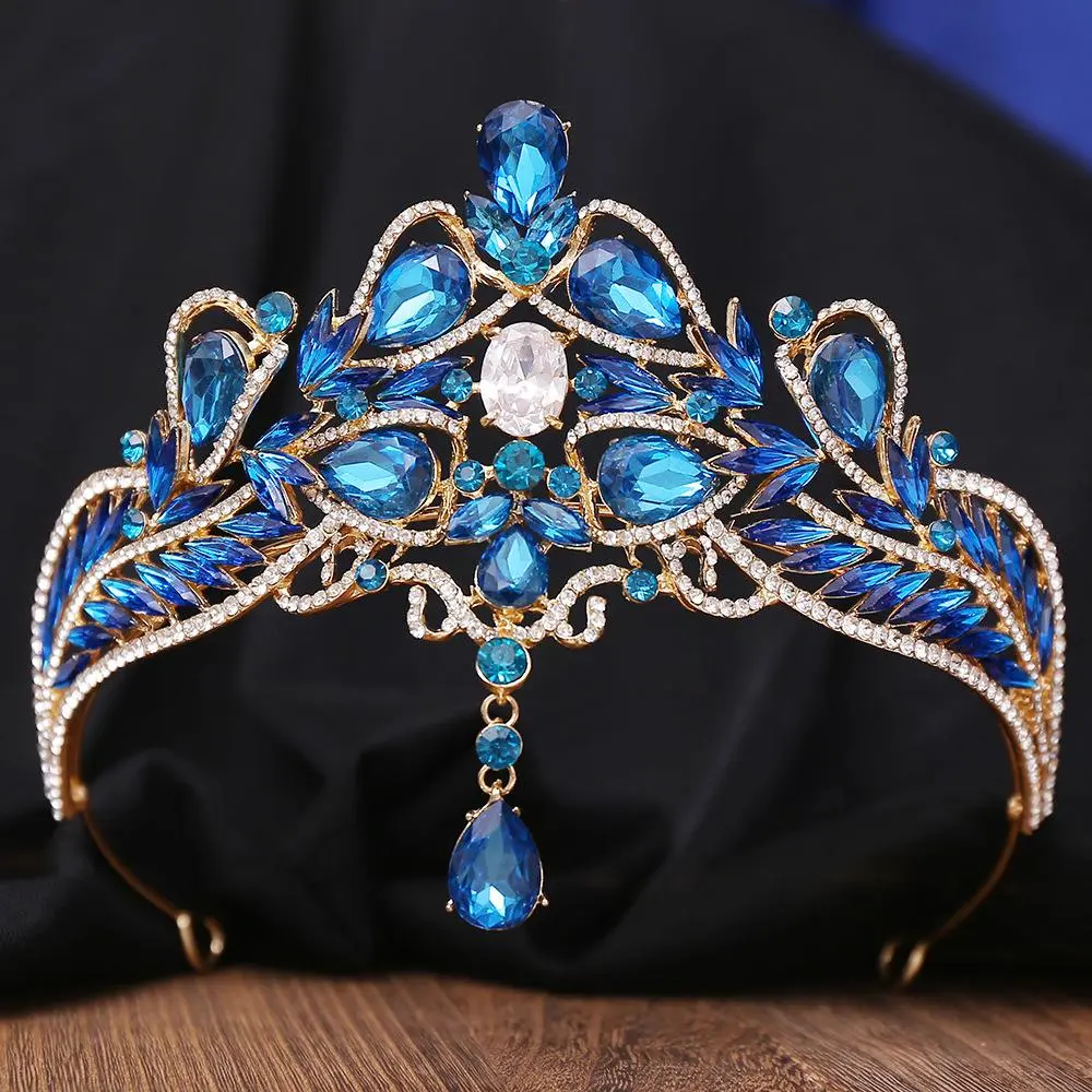 Baroque Waterdrop Forehead Crystal AB Teal Bridal Crowns Wedding Hair Dress Accessories Diadem Veil Tiaras Head Jewelry