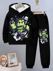 Game Theme Hooded Set, Pixel Hero Print Sweatshirt & Pants Two-Piece, Spring & Fall Casual Fashion, Slim Fit