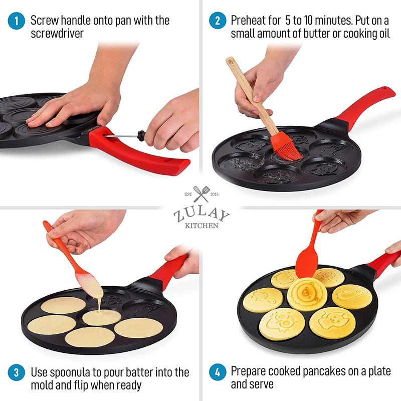Zulay Kitchen Pancake Pan with 7 Animal Face Designs & 2 Spatulas - Round Nonstick Ceramic Griddle with Comfortable Handle for Mini Pancakes