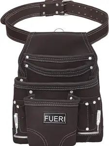 FUERI 10 pocket Leather Tool Pouch with adjustable Belt, Ideal for Electricians. Durable, Reinforced, High Quality.