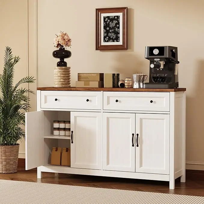 GIZOON Farmhouse Buffet Cabinet - Adjustable Storage Cabinet, Wooden Construction with Multiple Compartments, Modern Sideboard for Kitchen/Dining Room, 15.7" D x 55.1" W x 35.3" H, White/Rustic Brown, Farmhouse Buffet Cabinets