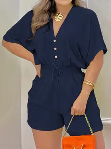 European & American Style Fitted Womenswear Women V-Neck Solid Color Bat-Wing Batwing Sleeve Short Boots With Button Jumpsuit