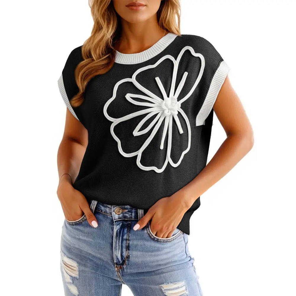 Dokotoo Women's Embroidered Floral Sweater Crew Neck 2026 Cap Sleeve Loose Fit Knit Pullover Tops
