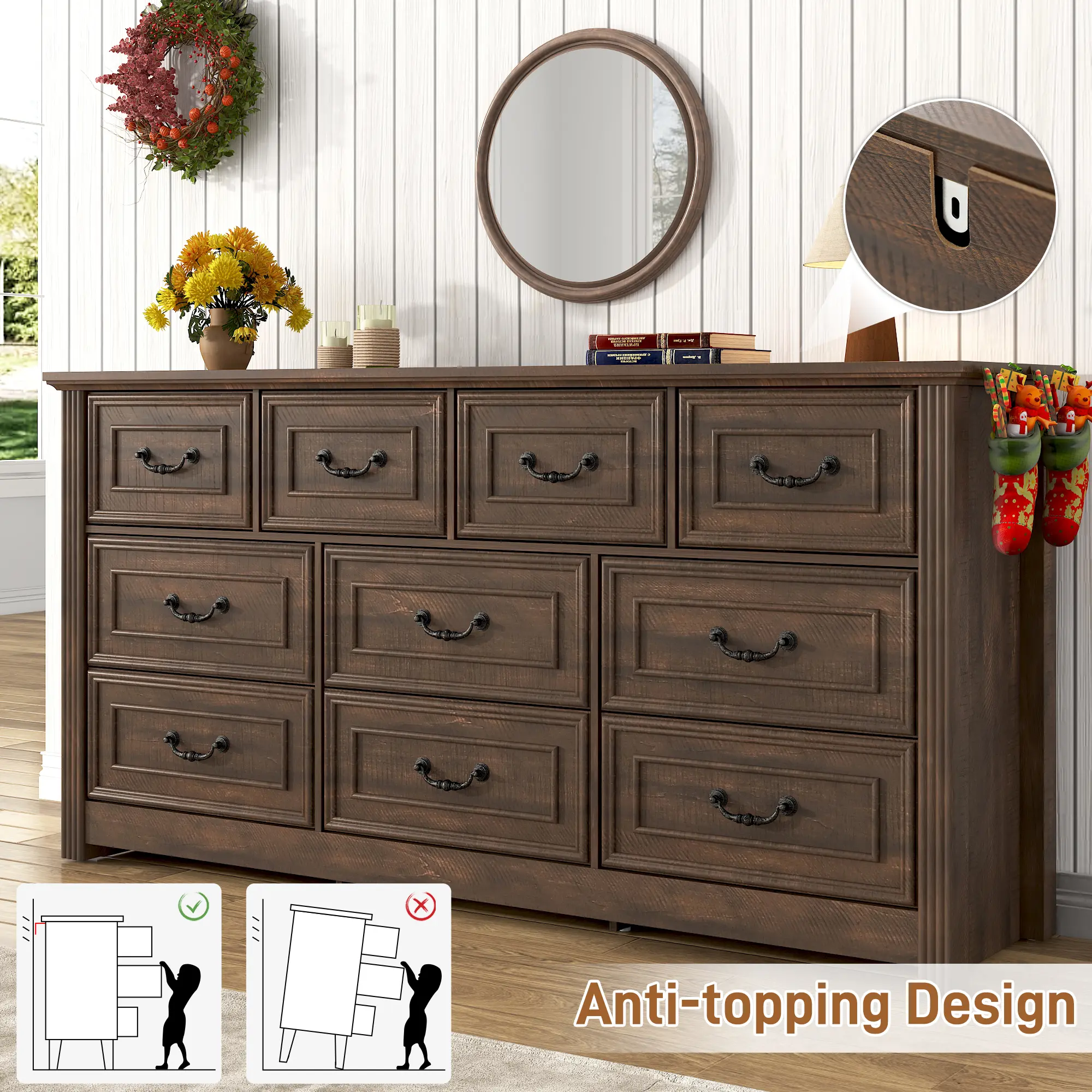 63-in Farmhouse Bedroom Dresser - 10-Drawer Wood Clothes Storage Cabinet with Rustic Handles, Wide Indoor Furniture Organizer for Living Room House Decor (Assembly Required)