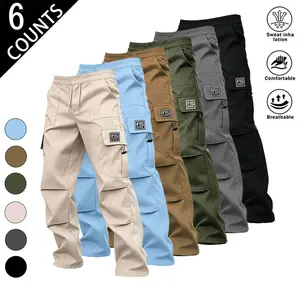 Men’s 6-pack wide-leg cargo pants featuring multiple pockets and an elastic waistband; casual streetwear style with a loose fit and drawstring design—ideal for outdoor activities, urban fashion, everyday casual wear, and weekend outings.