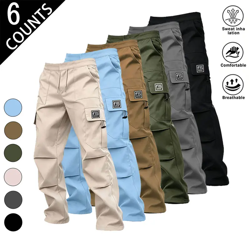 Men’s 6-Pack Wide-Leg Cargo Pants, Menswear, Plain Stylish Casual Streetwear with Elastic Waistband, Drawstring, Multiple Pockets, Loose Fit - Ideal for Outdoor Activities, Everyday Casual Wear