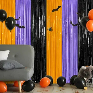 Halloween Backdrop 2 Pack 3.28 FT x 7.05 FT Foil Fringe Curtains Orange Purple Black Party Streamer Tinsel Backdrop Curtains for Halloween Decorations Door Decor Photo Props Party Supplies
