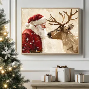 Winter Wall Art , Vintage Santa and Reindeer Christmas Print: Holiday Decor