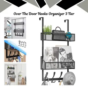 Over The Door Hooks Organizer 3 Tier, Heavy Duty Coat Rack Door Hanger Storage with Towel Rack, Back of Door Organizer for Bathroom Bedroom Kitchen Office