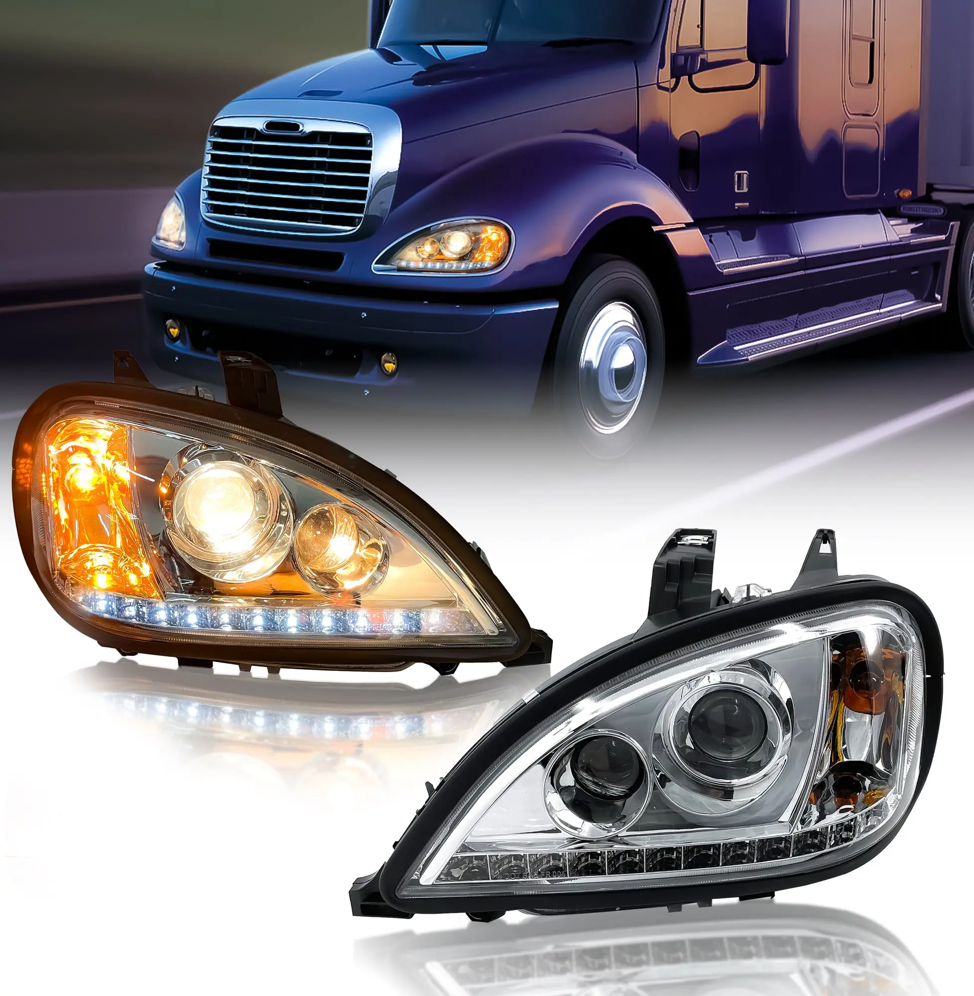 Torque Headlight PAIR Replacement for 1996-2017 Freightliner Columbia Semi Trucks with LED Stripe Crystal Projector Lens DOT SAE Approved Driver Passenger SIde [Included All Bulbs] (TR027-L, TR027-R)