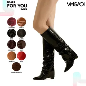 VIMISAOI Knee High Boots For Womens Fold Over Pointed Toe Chunky Block Heel Side Zipper Pull On Croc Embossed Slouchy Trendy Fashion Date Night Party Casual Wedding Office Nightclub Holiday Graduation Tall Long Comfortable Viral Shoes Deals For You Days