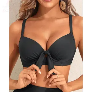 Women's Black Underwire Push Up Bikini Top Tie Knot Front Adjustable Straps Quick Dry Swim Fabric for Beach Pool Party 2026 Trendy Swimwear