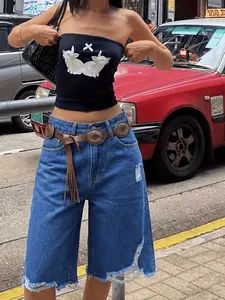 Women's Denim Bermuda Shorts Fit, Casual Denim Shorts, Frayed Hem Shorts, Retro Decadent Wide Leg Pants, Frayed Vintage Jeans, Streetwear Button Photography Wear, Womenswear All Seasons