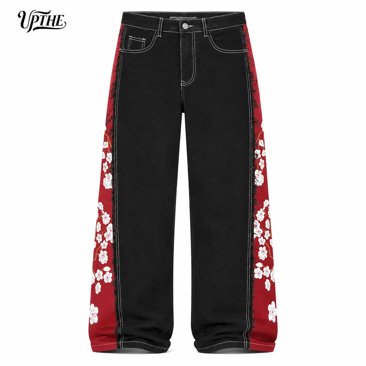 UP.THE Oriental Red Sakura Floral Patchwork Raw Frayed Panel Oversized Wide Leg Baggy Black Jeans Men Stacked Denim Pants Y2K Hip Hop Asian Streetwear Daily Casual Outfit