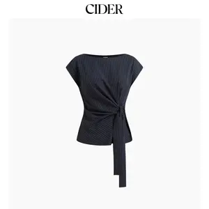 Cider Boat Neck Stripe Knotted Oversized Top