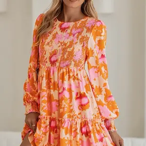 Orange Abstract Print Smocked Bust Lantern Sleeve Ruffle Mini Dress with Floral Pattern and Ruffle Detailing