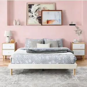 King Size Faux Leather Platform Bed Frame,No Box Spring Needed,Solid Wood Center Support,White