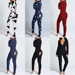 Women's sexy hip button back jumpsuit cute print V-neck long sleeved jumpsuit Christmas jumpsuit Pjs Christmas tight sleepwear holiday sleepwear home wear polyester women's comfortRAIMENTRY
