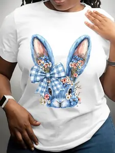 Plus Size, Easter Plus Size WomenS Short Sleeve Crew Neck T-Shirt Blue Bunny Floral Design with Checkered Bow, Casual Spring Celebration Outfit for Party or Holiday Gathering
